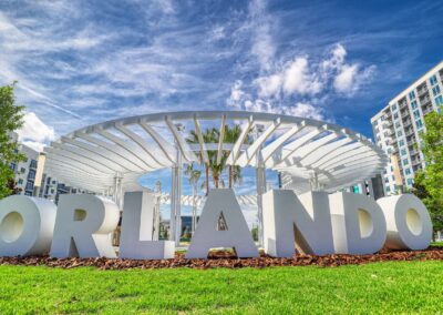 This is a picture of the iconic "Orlando" sign at Luminary Green Park in Creative Village.